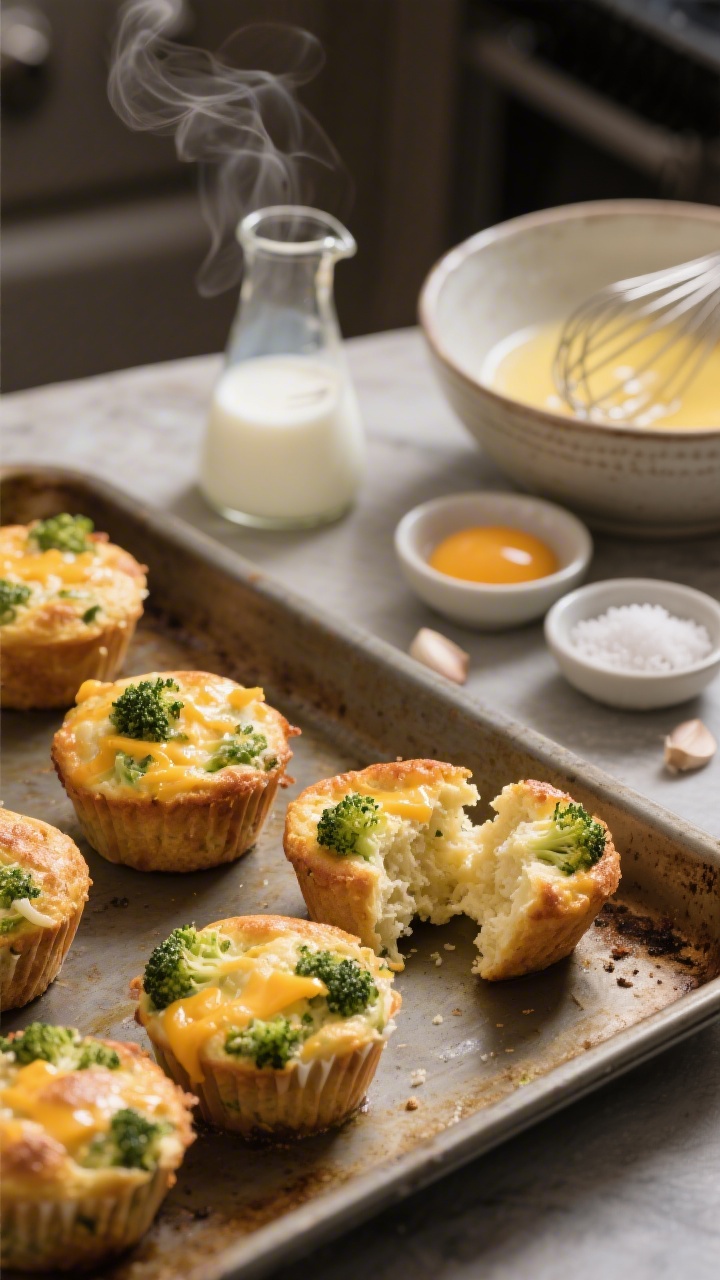 Straight-on baking tray shot of mini egg muffins with broccoli and cheese fresh from the oven: puffed, lightly browned tops with visible green broccoli bits and melted cheddar/Monterey Jack; a pourable beaker of whisked eggs with milk beside a mixing bowl, plus small pinch bowls of salt and garlic powder; one muffin cut open to show fluffy interior; warm kitchen light, subtle steam.