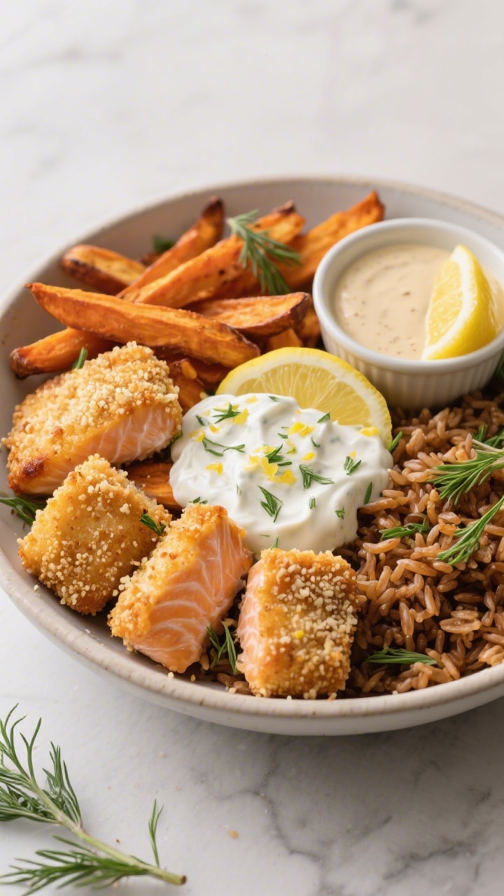 Straight-on bowl composition of salmon nugget bowls: golden oven-baked salmon nuggets with a panko-Parmesan crust, nestled beside roasted sweet potato fries and fluffy brown rice, scattered with fresh dill; a generous dollop of lemon-dill yogurt sauce on top with visible lemon zest; small ramekin of extra sauce and lemon wedges nearby; crisp, clean lighting highlighting texture and crunch.