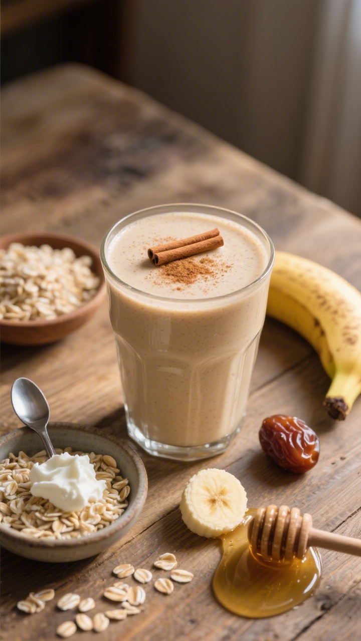Straight-on breakfast scene for a Cinnamon Oatmeal Breakfast Smoothie: a creamy beige smoothie in a clear tumbler, topped with a light dusting of cinnamon; props include a small bowl of cooked, cooled oatmeal, a spoon of Greek yogurt or cottage cheese, half a ripe banana (or a soft Medjool date, pitted) and a drizzle of honey; rustic wooden table, cozy morning vibe, gentle side light highlighting the thick, “sticks-with-them” texture, no people.