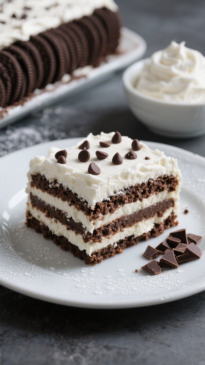 Straight-on, chilled slice of no-bake cookie crunch icebox cake on a white plate: dramatic layered cross-section showing alternating strata of chocolate sandwich cookies and pillowy vanilla whipped cream, edges sprinkled with mini chocolate chips. Condensation beading lightly on the plate for hot-day vibes. In the background, the remaining loaf-shaped cake lined with cookies, a bowl of softly peaked whipped cream (heavy cream, powdered sugar, vanilla), and a small pile of chopped chocolate. Cool-toned lighting, high contrast to emphasize texture and crunch.