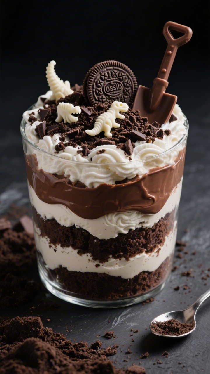 Straight-on close-up of a Dino Dig chocolate dirt cake in a clear trifle dish: layers from devil’s food cake crumbles, silky instant chocolate pudding whisked with cold milk, and fluffy whipped topping. The top is heavily covered with crushed chocolate sandwich cookies to mimic soil, with a small shovel made of chocolate and a few toy-free edible “fossils” sculpted from white chocolate peeking through the cookie “dirt.” Visible textures: creamy pudding swirls, airy whipped topping, crunchy cookie rubble. Dark slate background, side spoonful removed to show strata, moody yet playful lighting emphasizing the excavation theme and glossy chocolate.