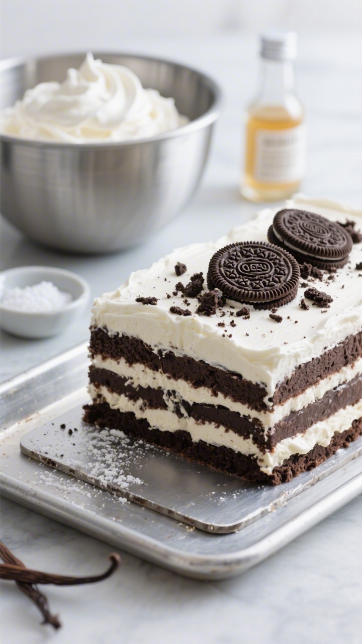 Straight-on, close-up of a No-Bake Cookies-and-Cream Icebox Cake on a chilled metal tray: distinct, even layers of chocolate sandwich cookies and plush vanilla whipped cream visible in a tidy cross-section slice, tiny cookie crumbs folded through the cream. Garnish with a crumble of Oreos on top. Surround with visual cues—chilled mixing bowl with soft peaks of heavy whipping cream, a dusting of powdered sugar, a vanilla extract bottle, and a pinch bowl of fine sea salt. Cool-toned lighting to feel refreshing, minimal, modern styling that screams effortless and irresistible.