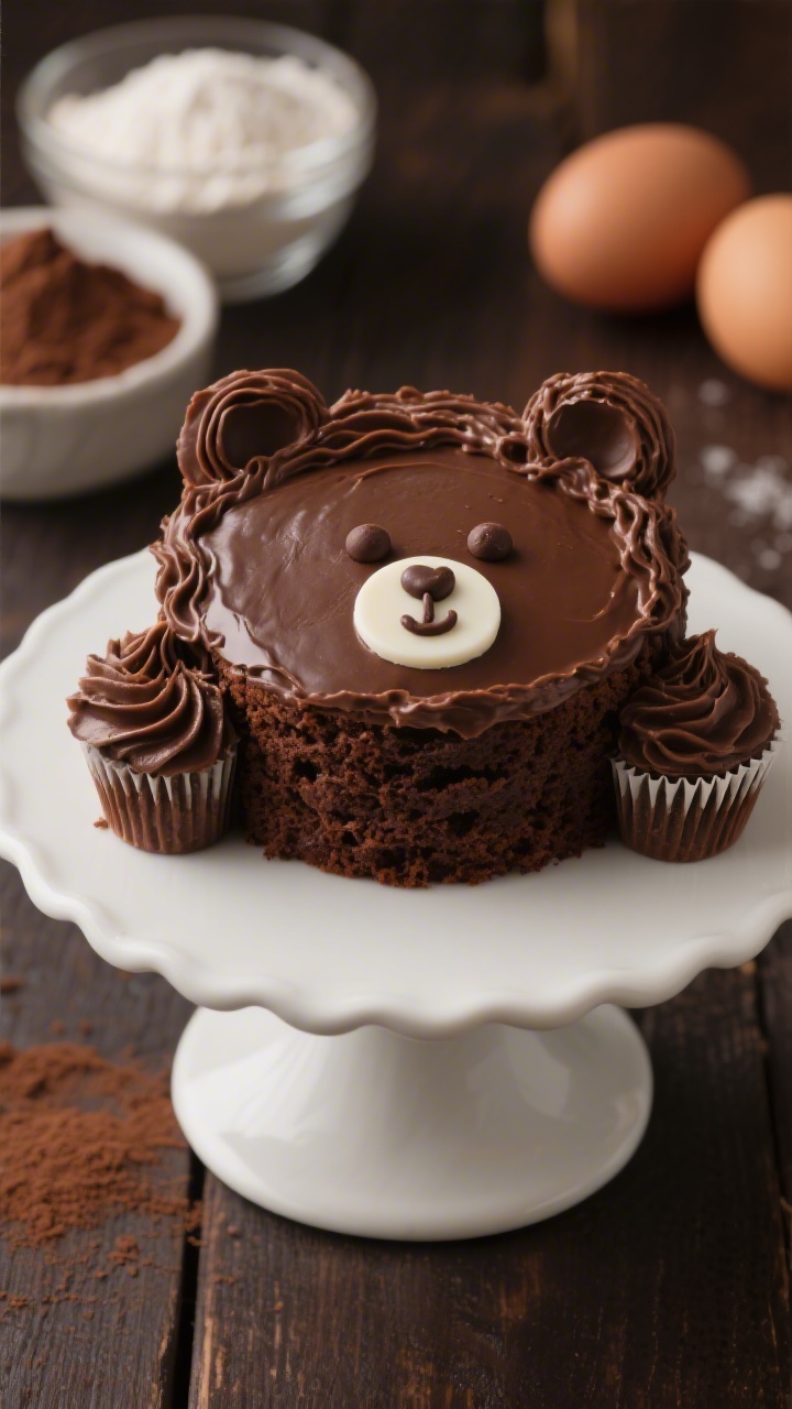 Straight-on close-up of a no-fuss chocolate bear cake on a white cake stand: ultra-moist, deeply cocoa-rich crumb with a glossy chocolate frosting finish sculpted into a cute bear face; round cake base with two cupcake “ears,” piped chocolate buttercream fur texture, lighter cocoa accents for muzzle, and white chocolate disks with mini chocolate chips as eyes; ingredients subtly staged in the background blur: all-purpose flour, unsweetened cocoa powder, granulated sugar, baking powder, baking soda, fine salt, and two large eggs; kid-friendly, cozy mood, dark wood surface, controlled highlights to emphasize fudgy texture.