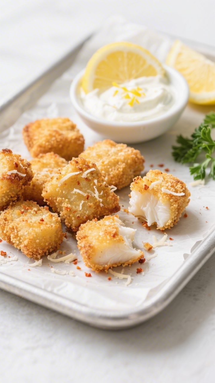 Straight-on close-up of baked fish nugget bites with lemon yogurt dip: crisp, oven-browned 1-inch nuggets of mild white fish (cod or pollock), coated in a parmesan-panko crumb seasoned with garlic powder and paprika; crackly, golden texture with tender white flakes visible in one broken-open piece; a small bowl of creamy lemon yogurt dip with zest on top; lemon wedges and a light sprinkle of parsley; clean, bright styling on a parchment-lined tray.