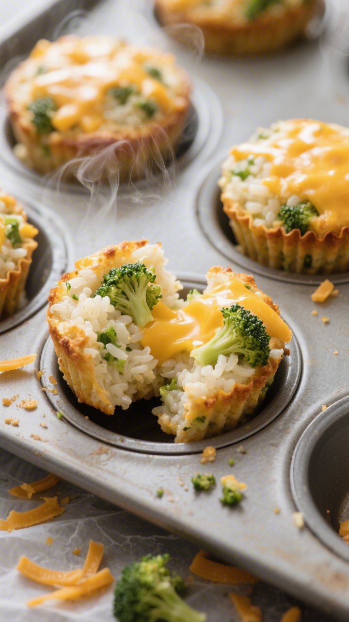 Straight-on close-up of cheesy broccoli rice muffins in a mini muffin tin, golden edges and cheesy tops, steam faintly rising; visible bits of finely chopped steamed broccoli within sticky short-grain rice bound with egg, milk, and cheddar; one muffin split open to reveal moist, cheesy interior; set on a parchment-lined baking sheet with scattered cheddar shreds and a few broccoli crumbs; soft directional light for appetizing sheen.