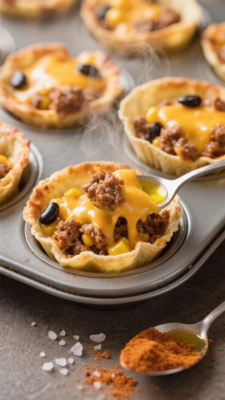 Straight-on close-up of cheesy taco pasta cups nestled in a metal muffin tin, shells bound with melty cheddar and taco-seasoned ground beef or turkey, dotted with black beans and corn, edges slightly browned; a spoonful of mild taco seasoning and a drizzle of olive oil glistening on a nearby surface, with a sprinkle of kosher salt crystals; warm tones, soft steam rising, focus on gooey cheese pull and hearty filling, lunchbox-friendly mood.