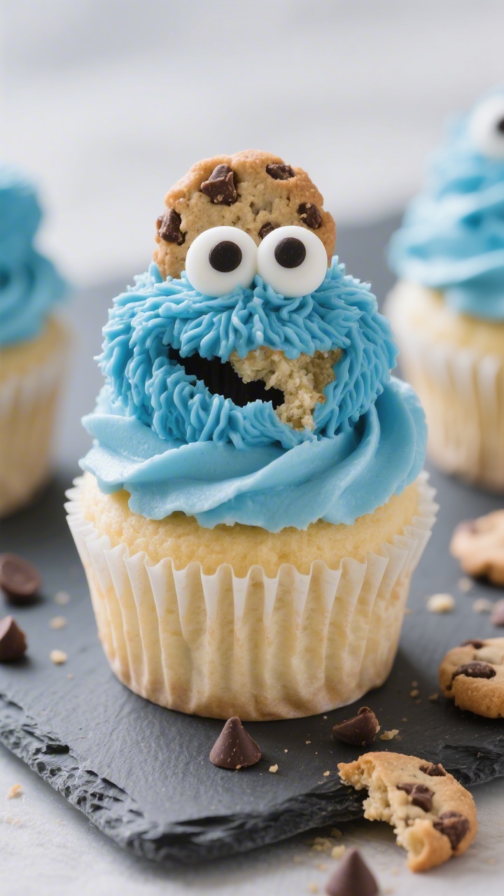 Straight-on close-up of Cookie Monster Cupcakes: vanilla cupcakes topped with sky-blue buttercream fur, big candy eyes, and a mini chocolate chip cookie “bitten” into each mouth. Visible crumb texture from all-purpose flour, baking powder, and salt base; buttery cake made with butter, granulated sugar, eggs, vanilla extract, and milk. A few extra mini cookies and stray chocolate chips on a matte slate board, soft diffused light to emphasize frosting texture, playful yet polished presentation, no people.