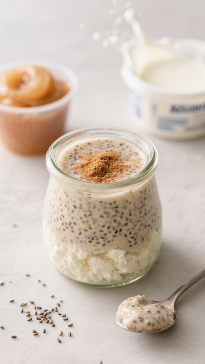 Straight-on close-up of creamy apple-cinnamon chia pudding layered in a toddler-friendly glass jar: pale beige applesauce base blended with cottage cheese and milk, dotted with swollen chia seeds, dusting of ground cinnamon on top; a spoon resting nearby with a small dollop showing thick, silky texture; supporting ingredients in soft focus—unsweetened applesauce cup, tub of whole milk cottage cheese, milk splash, chia seeds scattered; cool neutral backdrop, clean and wholesome mood