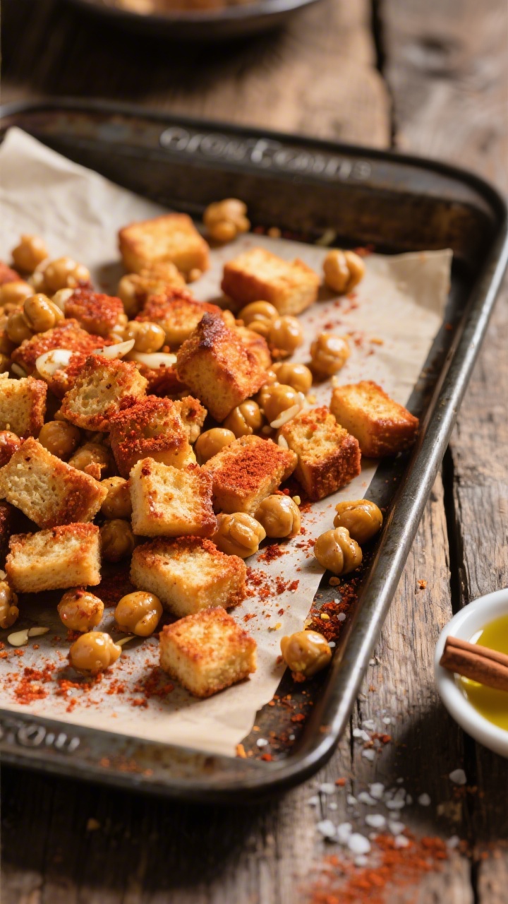 Straight-on close-up of crunchy roasted chickpea “croutons” spilling from a parchment-lined sheet pan, blistered and deeply golden with paprika-red dusting and flecks of garlic powder and salt; a small dish of cinnamon off to the side hinting at a sweet variation; olive oil sheen catching light; dark metal pan on a rustic wood surface, crisp texture and spice rub clearly visible.
