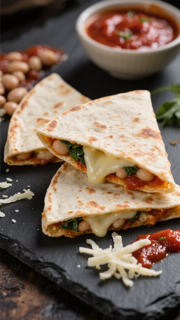 Straight-on close-up of hidden-bean pizza quesadillas: two small flour tortillas folded and crisped in olive oil, oozing melty mozzarella with a layer of mild marinara and mashed white beans inside; a few flecks of very finely chopped spinach peeking out. One wedge propped to show the cheesy stretch and saucy interior. Set on a dark slate board with a smear of marinara, scattered mozzarella shreds, and a small bowl of extra sauce. High contrast, appetizing gloss.