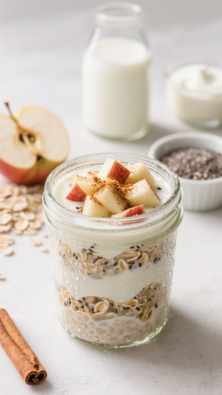 Straight-on close-up of make-ahead apple cinnamon overnight oats layered in clear glass jars: creamy rolled oats and yogurt base swirled with milk and chia seeds, finely diced Honeycrisp apple folded through, topped with a sprinkle of cinnamon and extra apple dice; condensation on glass for chilled effect; ingredients arranged behind—rolled oats, milk, plain yogurt, chia seeds, a halved apple; soft morning light, clean minimal surface.