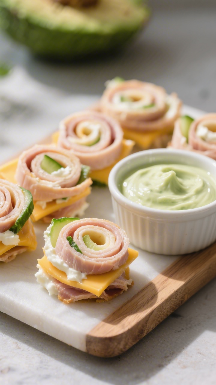 Straight-on close-up of mini turkey and cheese roll-ups sliced into tidy pinwheels, revealing spirals of deli turkey, mild cheddar, and a smear of cream cheese “glue,” with a few showing thin cucumber spears at the core; arranged on a small board with a ramekin of avocado ranch (creamy pale green) for dipping; crisp, clean styling, bright daytime light.