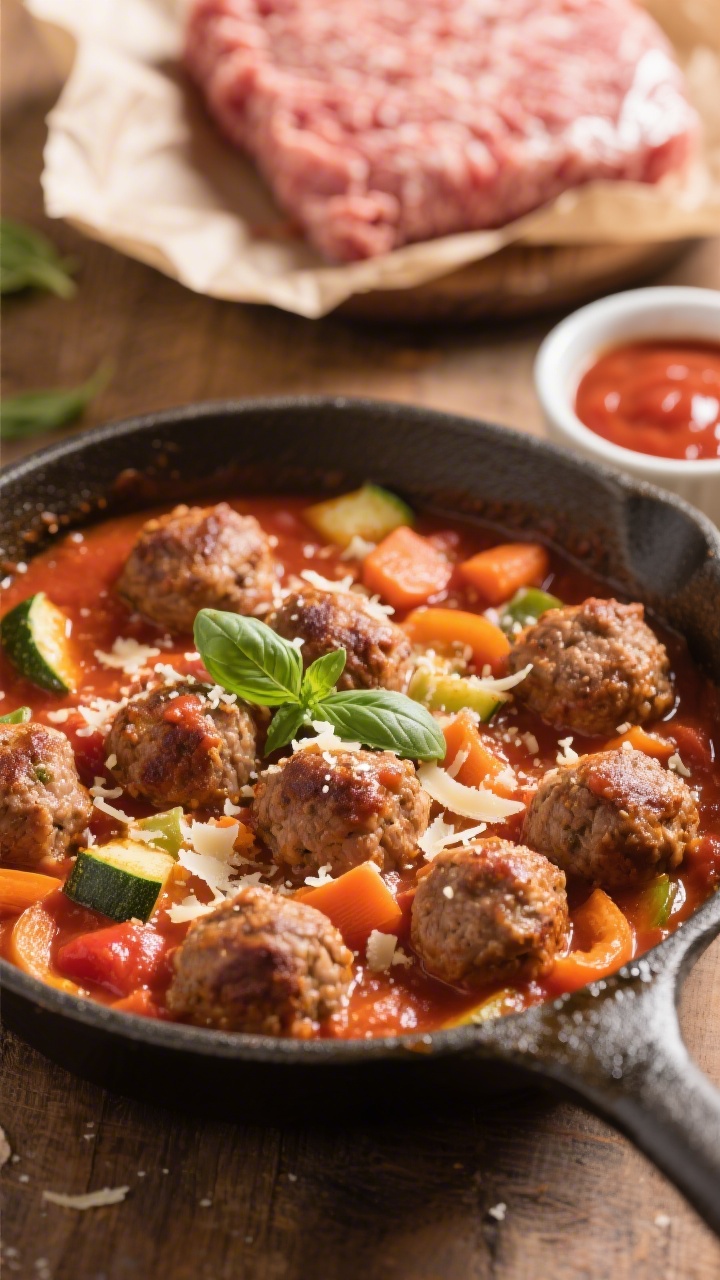 Straight-on close-up of mini turkey meatballs simmering in a hidden-veggie marinara, showing browned turkey exteriors nestled in a thick tomato sauce blended smooth with carrots, zucchini, and bell pepper; fresh basil flecks and a light grating of Parmesan on top; served in a shallow enamel skillet with a side ramekin of extra sauce; warm, cozy tones with directional side light highlighting the sauce gloss; include a visible 1-pound butcher-paper-wrapped portion of ground turkey in the background, slightly out of focus.