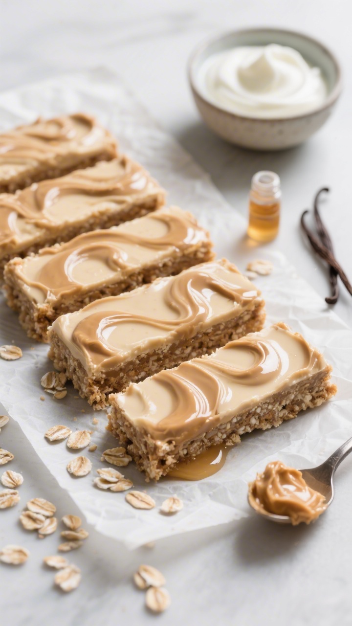 Straight-on close-up of neatly sliced no-bake peanut butter Greek yogurt bars on parchment, creamy swirled top layer with a glossy peanut butter sheen and visible oat texture in the base; a drizzle of honey pooling slightly, quick oats scattered around, a spoon with natural peanut butter, a small bowl of plain full-fat Greek yogurt, and a tiny vial of vanilla nearby; cool studio light for crisp edges, emphasizing that they hold together without crumbling.