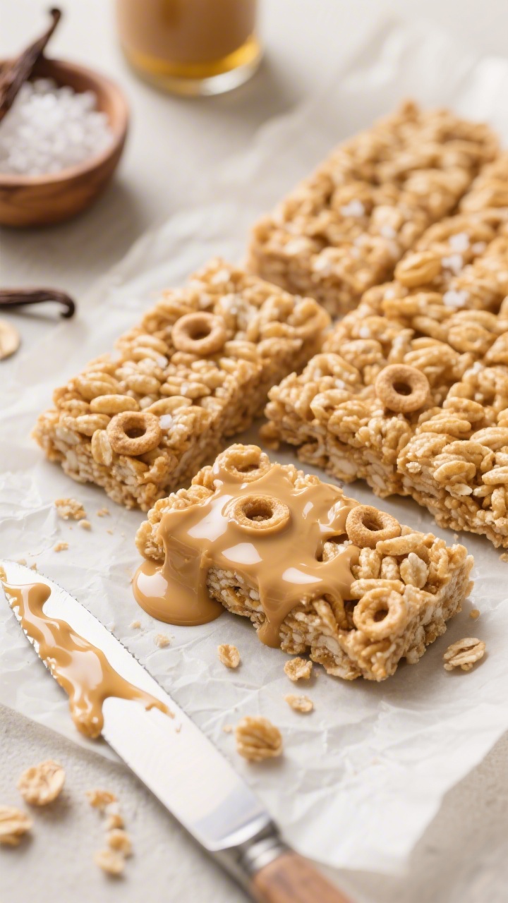 Straight-on close-up of no-bake peanut butter cereal bars cut into neat squares on parchment: visible glossy peanut butter–honey binder coating crispy rice cereal and whole-grain O’s, with tiny vanilla and salt notes implied via styling props (vanilla bottle, pinch bowl of flaky salt) in soft focus; a drizzle trail of extra peanut butter on the parchment, clean knife with crumbs, warm golden tones, irresistibly chewy-crunchy texture.