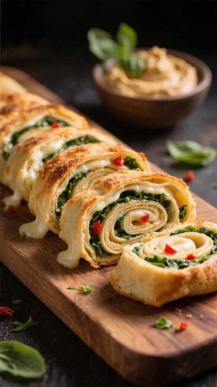 Straight-on close-up of no-sauce pizza roll-ups cut into spirals on a wooden board: golden, crisp swirls revealing a thin layer of plain hummus, gooey melted mozzarella, and very finely chopped spinach or basil plus tiny red pepper bits; a small bowl of extra hummus in the background, a few scattered basil shreds, dramatic side lighting to emphasize flaky layers and stretchy cheese.