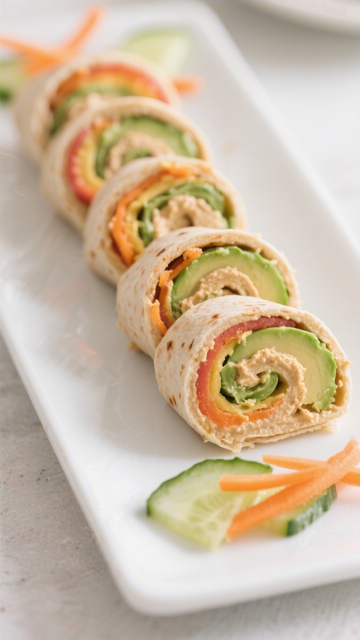 Straight-on close-up of rainbow hummus roll-ups sliced into toddler-friendly pinwheels, tightly spiraled. Layers show classic hummus, finely grated carrot (bright orange), mashed avocado (creamy green), and very thinly sliced peeled cucumber (pale green), all wrapped in soft whole-wheat tortillas. Arranged in a neat row on a white rectangular plate with a few extra ribbons of carrot and cucumber for garnish. Soft, natural light emphasizing moist, soft textures—no sauces dripping.