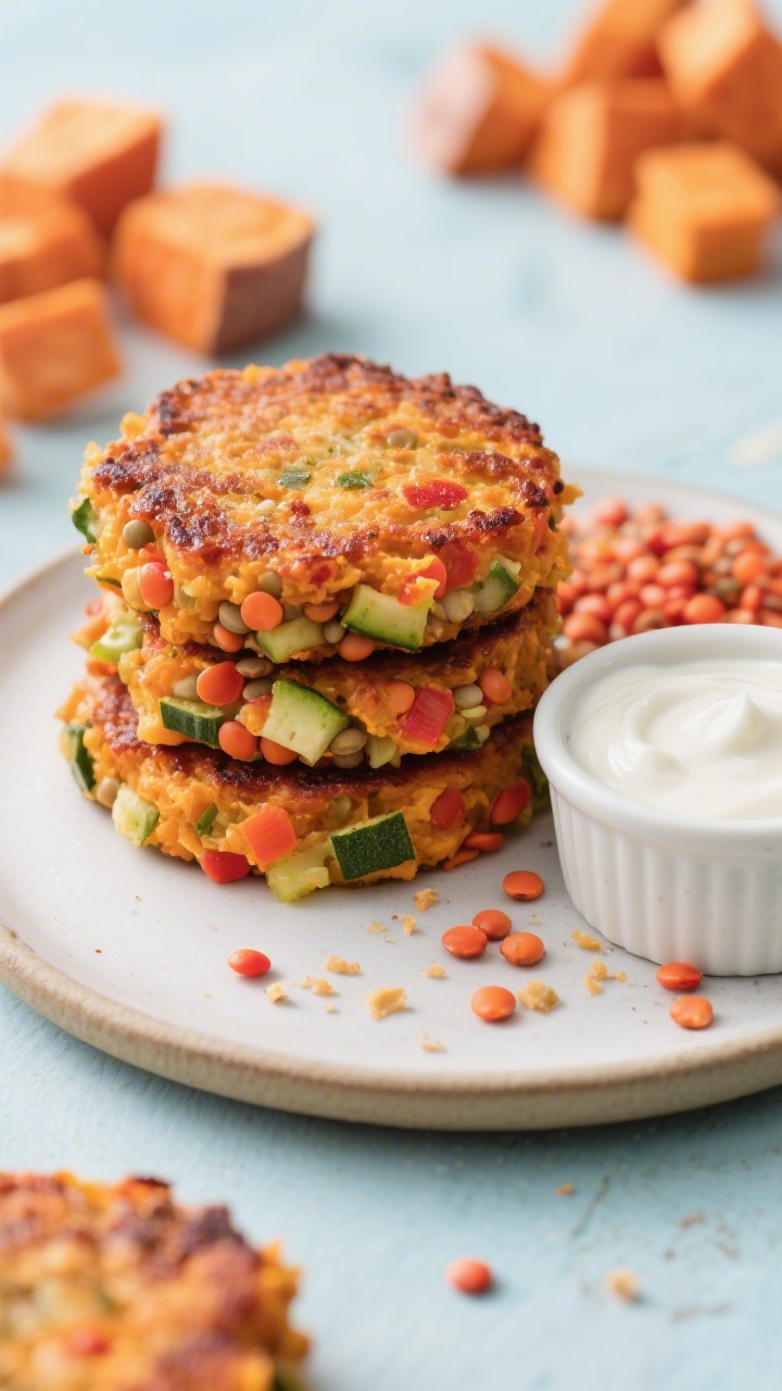 Straight-on close-up of rainbow lentil sweet potato patties stacked on a small plate, crisp seared edges and a vibrant orange interior speckled with red lentils, very finely grated zucchini, and finely chopped veggies; a side ramekin of mild yogurt dip, a few crumbs on the plate, and scattered cooked red lentils and roasted sweet potato cubes in the background; bright, kid-friendly tones.