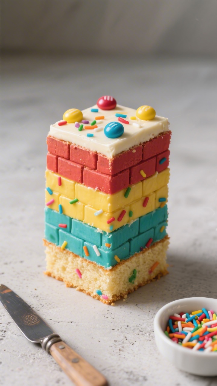 Straight-on close-up of the Brick-Builder Funfetti Block Cake With Stackable Squares: sturdy all-purpose flour base with granulated sugar and baking powder for lift, melted and cooled unsalted butter for dense, stackable crumb; individual square blocks frosted in primary colors with visible rainbow sprinkles baked into the vanilla crumb; blocks stacked like building bricks with rounded candy “studs” on top; tight focus on texture contrast—buttery crumb, sprinkle pops, smooth gloss of frosting—set on a light concrete surface with a palette knife and a small bowl of sprinkles beside, shallow depth of field to emphasize the playful architecture.