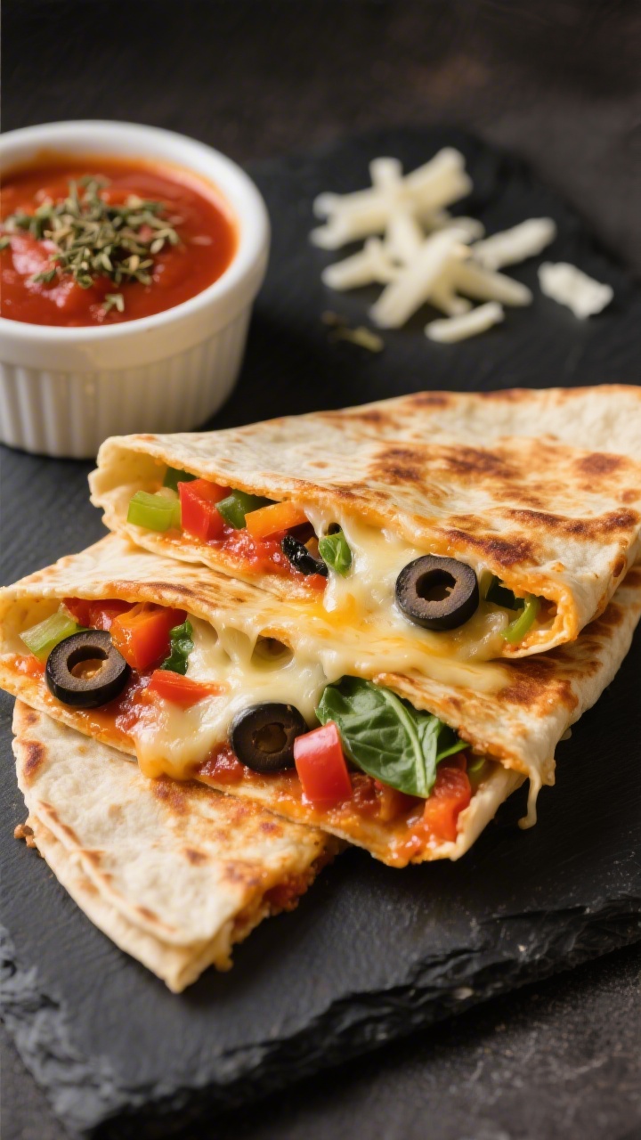 Straight-on, close-up shot of cheesy veggie pizza quesadillas: golden-brown folded flour tortillas oozing with melted mozzarella and pizza sauce, visible layers of finely chopped bell peppers, sliced black olives, and chopped baby spinach peeking from the cut edges; a ramekin of marinara for dipping, a light sprinkle of dried oregano, and a few scattered mozzarella shreds on a dark slate board; shallow depth of field to emphasize gooey cheese pull and crisp edges.
