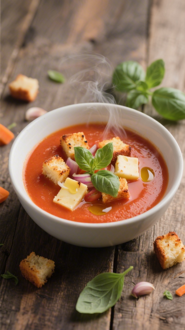 Straight-on cozy bowl of tomato-basil soup with grilled cheese croutons: silky tomato soup made from sautéed onion, garlic, carrot, tomato paste, crushed tomatoes, and low-sodium chicken or vegetable broth, finished with olive oil and fresh basil; topped with bite-size grilled cheese croutons showing crisp buttery edges and melty interior; served in a matte white bowl on a rustic wooden table, extra basil leaves scattered, a drizzle of olive oil on the soup surface, gentle steam for warmth