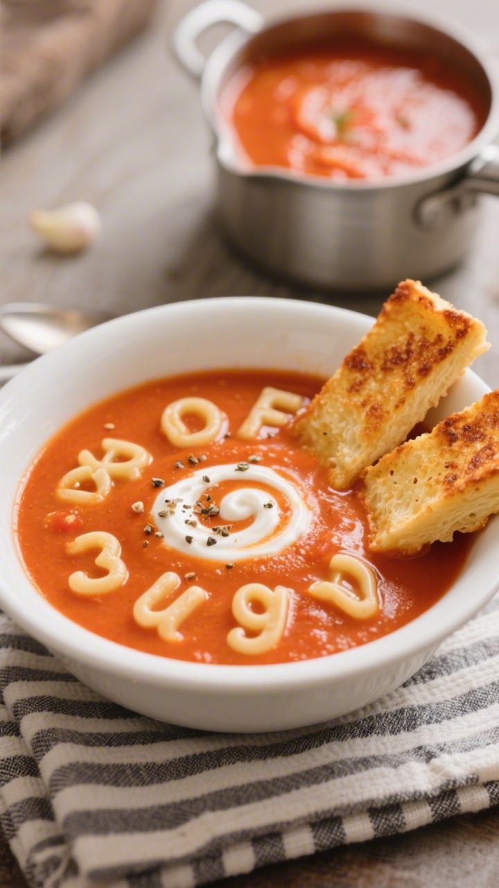 Straight-on cozy scene of creamy tomato alphabet soup with grilled cheese dippers: a creamy orange-red bowl of tomato soup (butter-sweated onions, garlic, crushed tomatoes, low-sodium broth, milk/cream) with tender alphabet pasta characters clearly visible; served in a white bowl with thick, golden grilled cheese soldiers leaning on the rim, a light swirl of cream and cracked pepper on top, placed on a striped cloth with a small pot of extra soup in the background.