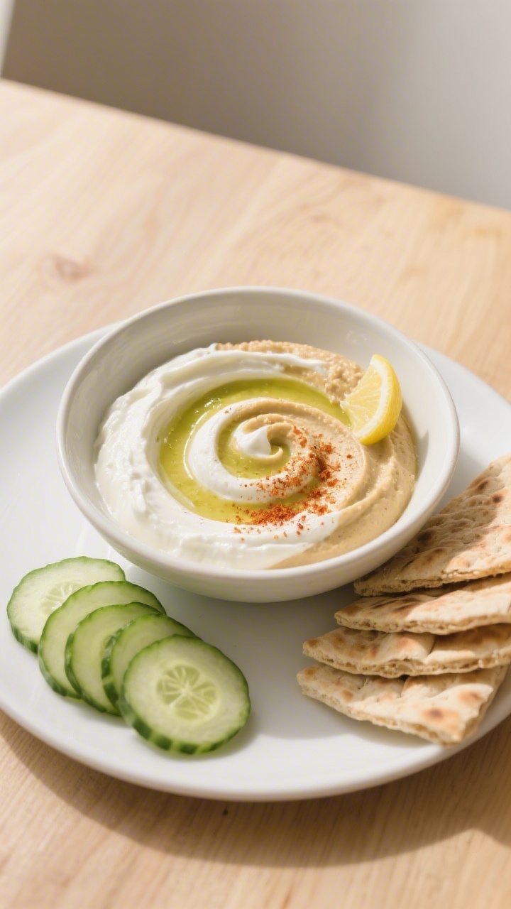 Straight-on dipper scene: a shallow bowl swirled half-and-half with classic hummus and plain Greek yogurt, finished with a tiny squeeze of lemon and a dusting of mild paprika; soft whole-wheat pita strips stacked beside, and neat cucumber “coin” slices arranged in a fan; clean white plate on a light wood table, bright, airy light emphasizing creamy swirls and fresh greens.