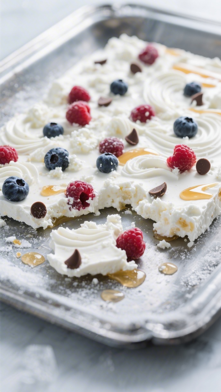 Straight-on frozen slab close-up for Cottage Cheese Berry Blender Bark: frosty white bark studded with mixed berries and mini chocolate chips, visible creamy cottage cheese swirls sweetened with honey and vanilla, shards broken on a chilled metal tray, a drizzle of honey pooling slightly on the surface, cool-toned background to emphasize tangy freshness, crisp focus on icy edges and berry seeds.