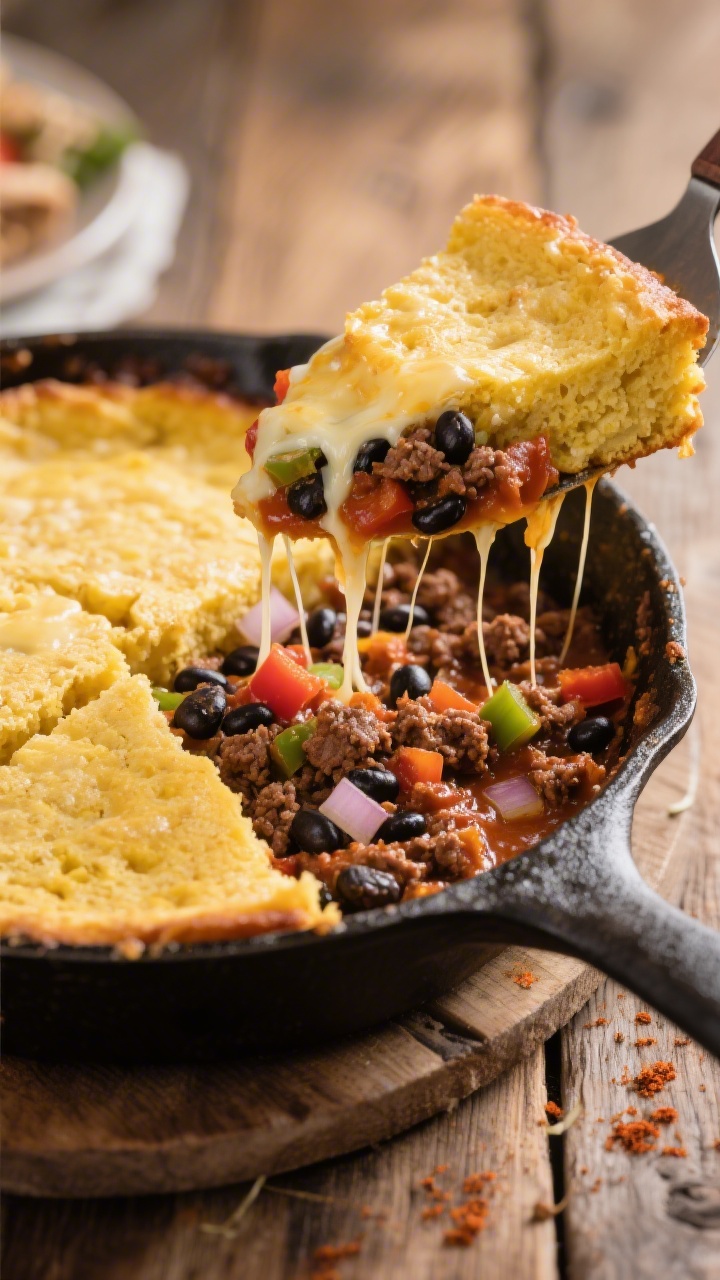 Straight-on hero shot of a beef and black bean taco bake in a cast-iron skillet, a golden, gooey cornbread layer cracked to reveal a saucy filling of lean ground beef, black beans, diced onion and bell pepper, chili powder and cumin-spiced tomato base bubbling at the edges; a spatula lifting a wedge shows the contrast of fluffy cornbread and hearty filling, with melted cheese threads stretching; rustic wooden table, casual family-dinner vibe.