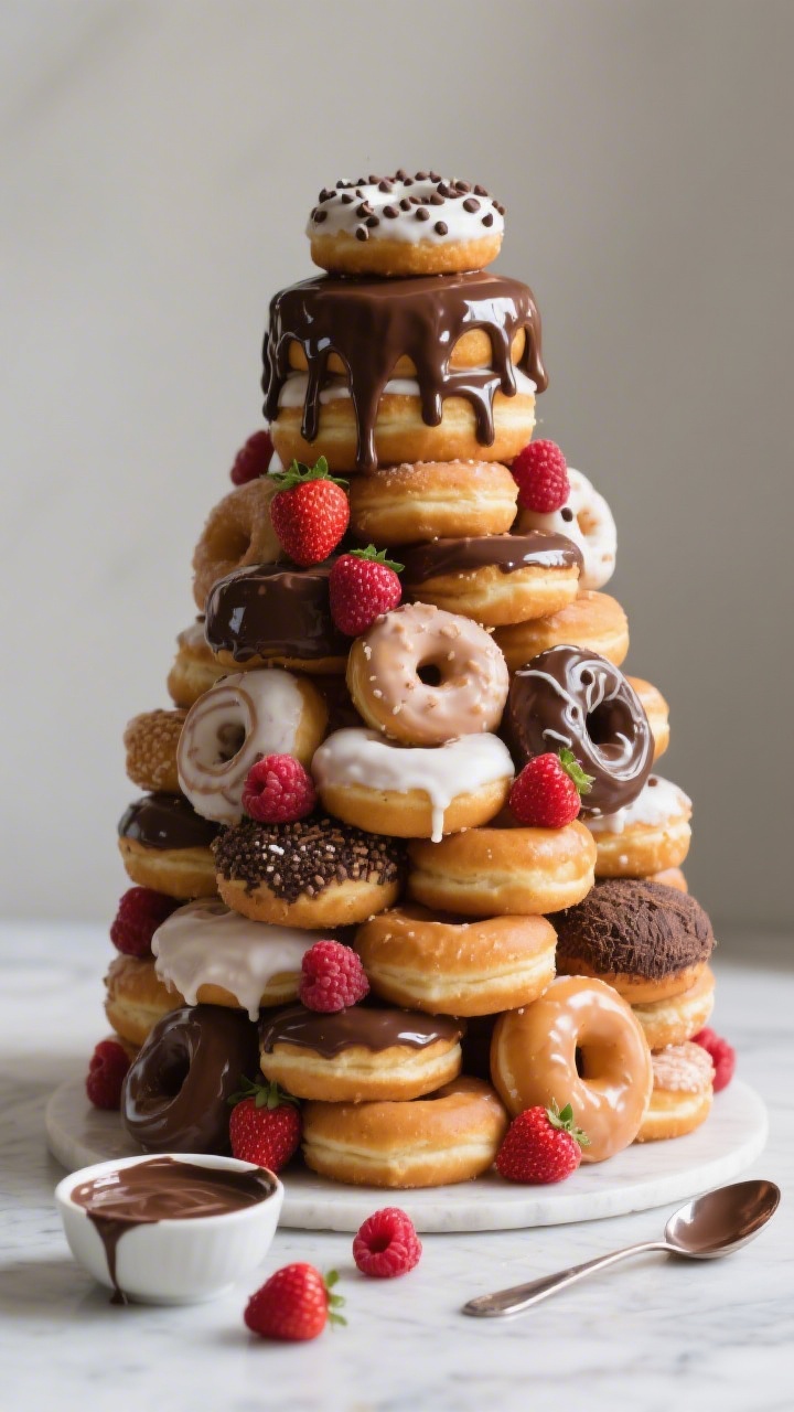 Straight-on hero shot of a donut tower “cake” stacked with 18–24 assorted glazed donuts (mix of regular and mini), finished with a glossy chocolate drip made from melted chocolate chips and coconut oil; fresh strawberries and raspberries nestled between layers and at the base; a small bowl of chocolate drip and a spoon nearby, a few stray berries on the surface; high-contrast shine on glazes, playful party vibe, neutral backdrop to let colors pop, tack-sharp focus on the drip and berry details.