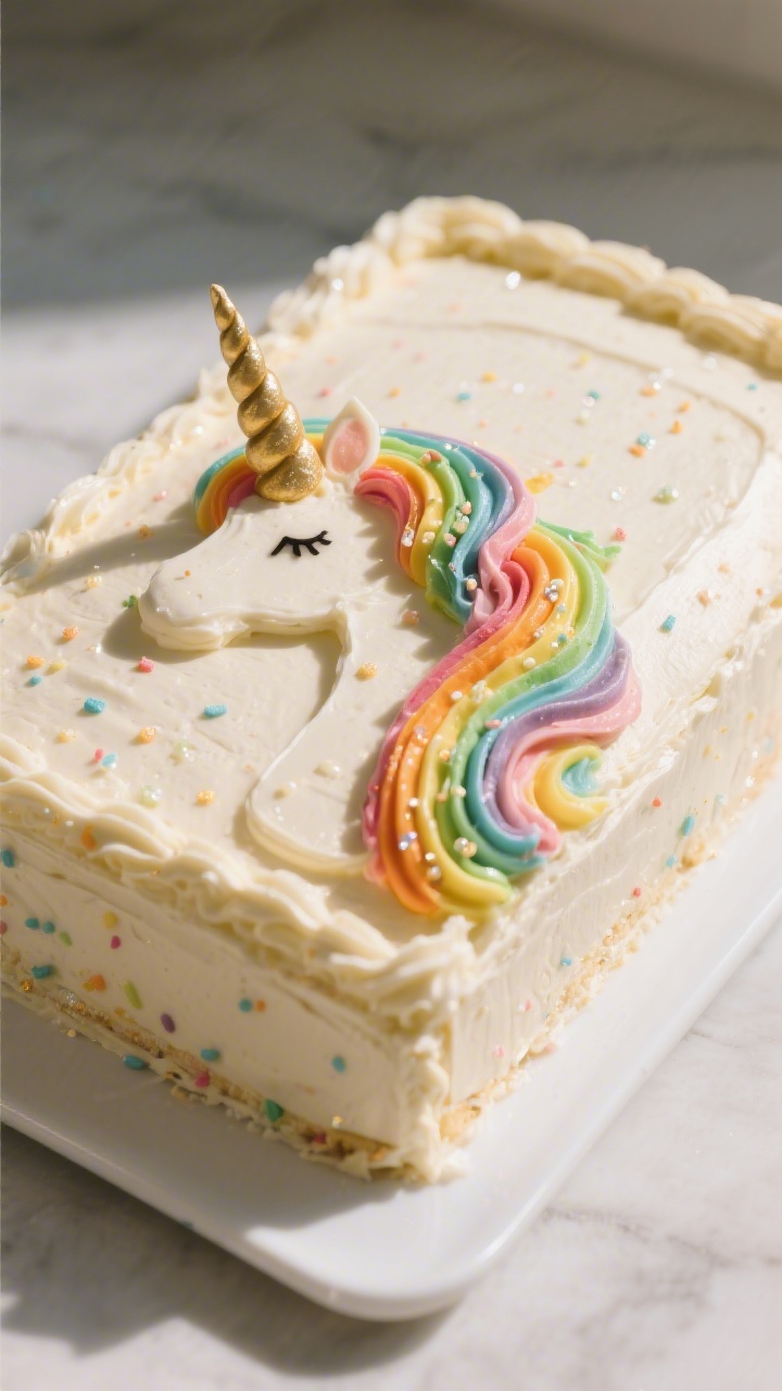 Straight-on hero shot of a finished Rainbow Mane Unicorn Sheet Cake: a 9x13-inch vanilla sheet cake on a white platter, ultra-smooth vanilla buttercream base, piped rainbow swirls cascading as a mane in vibrant hues, delicate vanilla extract specks visible in the frosting, shimmering sprinkles accenting the horn area, soft backlight for glossy buttercream sheen, crisp edges, playful yet elegant.