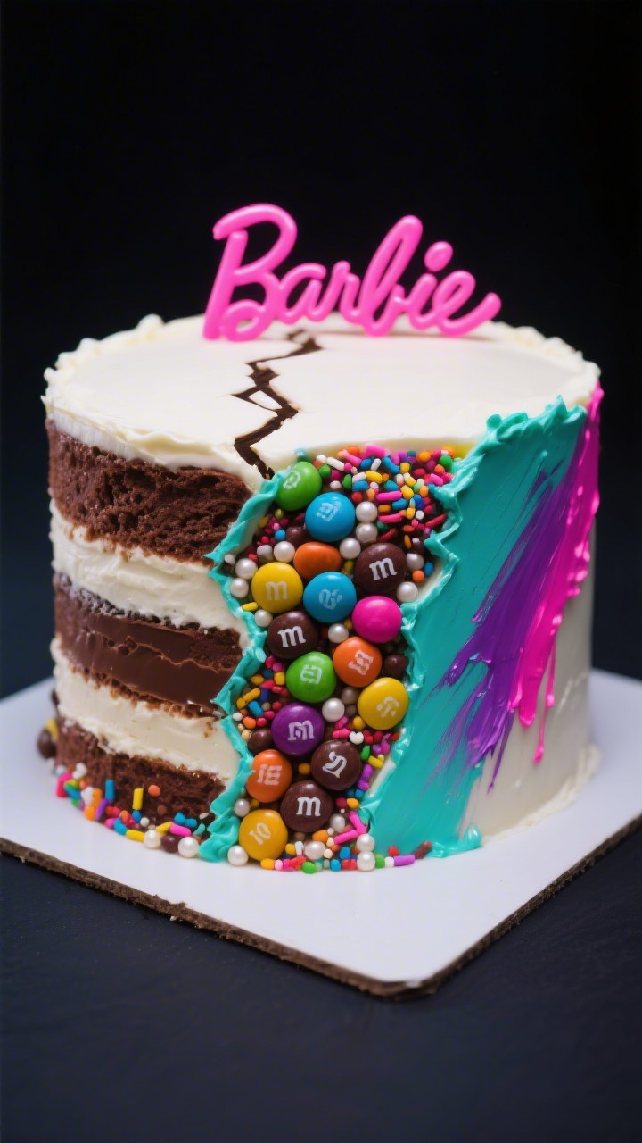 Straight-on hero shot of a Neon Pop Barbie fault line cake: three 6-inch chocolate layers tall, buttercream base in smooth white; a bold “fault line” band exposing crunchy candies—mini M&Ms, confetti sprinkles, and micro pearls—framed by jagged edges; neon gel colors (electric pink, teal, purple) painted as abstract brushstrokes around the band; high-contrast lighting to make the candy crunch sparkle; clean cake board, dark neutral background to make neons pop.