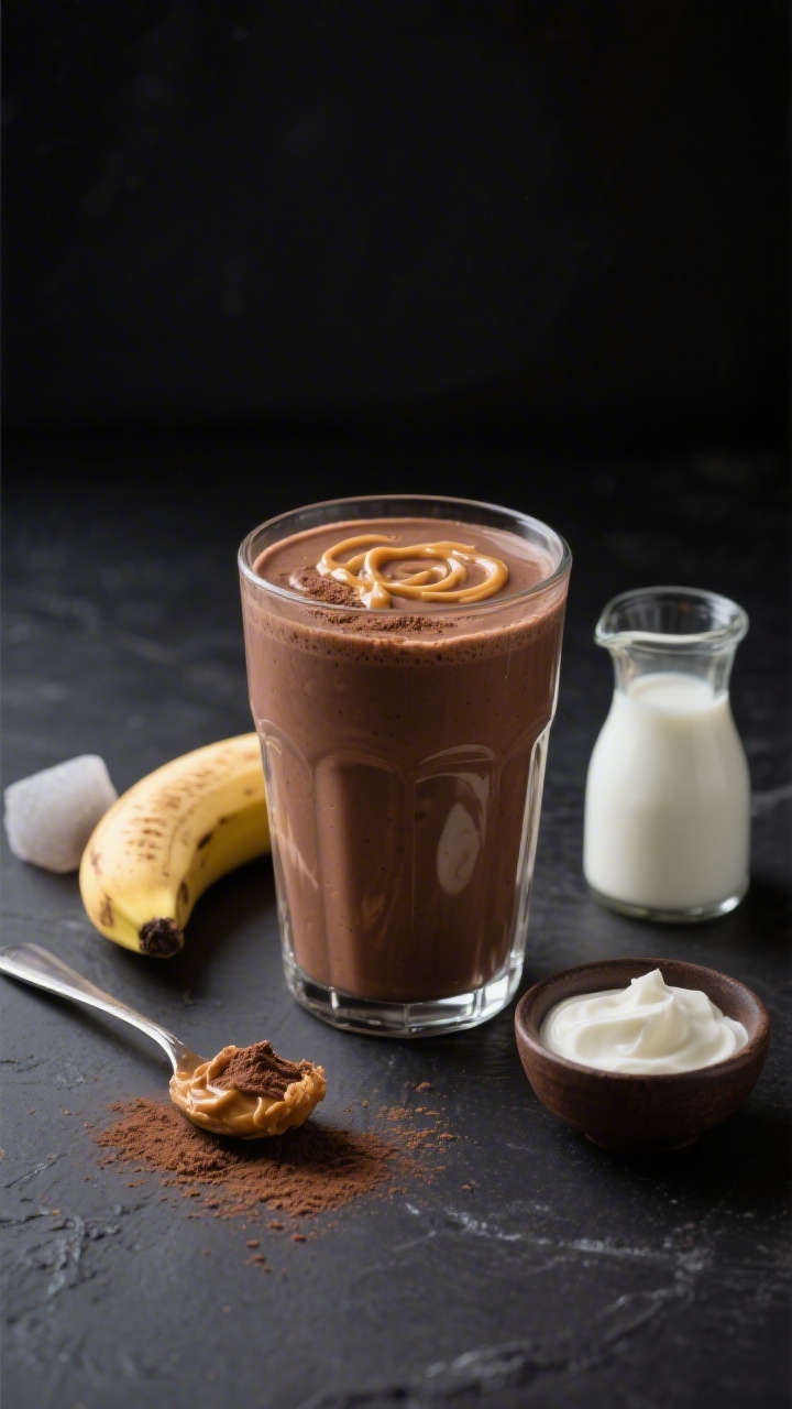 Straight-on hero shot of a Peanut Butter Cup Protein Smoothie, milkshake-thick and creamy chocolate-brown, served in a clear tumbler with a subtle swirl; garnished with a delicate drizzle of peanut butter and a light cocoa dusting; set on a matte charcoal surface with supporting ingredients: a frozen small banana, a spoonful of peanut butter, a pinch of unsweetened cocoa powder, a small bowl of plain Greek yogurt, and a mini milk carafe; high-contrast lighting to emphasize richness, no people.
