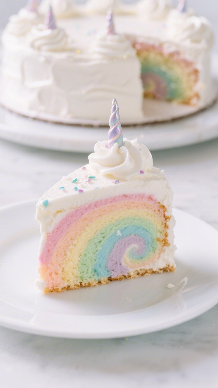 Straight-on hero shot of a Unicorn Swirl Rainbow Cake slice on a white plate: vibrant pastel rainbow interior created from cake flour batter folded with whipped room-temp egg whites, tender crumb flecked with vanilla, topped in glossy whipped marshmallow frosting with soft peaks and a few shimmering sprinkles; background shows the full cake on a turntable, ultra-smooth sides, dreamy ethereal mood, high-key light and shallow depth of field.
