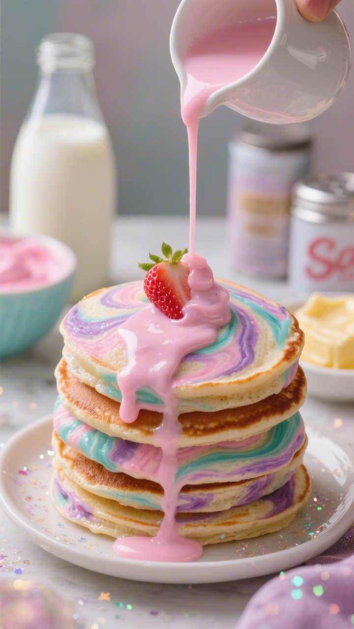 Straight-on hero shot of Unicorn Swirl Tie-Dye Pancakes stacked tall, each pancake marbled with pastel pink, lavender, aqua, and vanilla batters, glossy butter-brushed tops; a small pitcher pouring strawberry milk syrup in a delicate pink stream over the stack, syrup cascading down vivid swirls; ingredients hinted behind: buttermilk in a bottle, bowls of colored batters, baking powder and soda canisters, melted butter dish; whimsical, magical vibe with soft backlighting and a sprinkle of edible glitter sparkle.