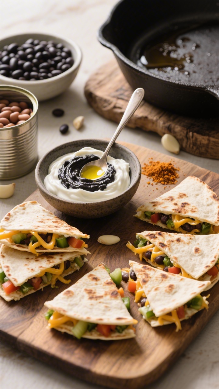 Straight-on ingredient-to-assembly scene for mini veggie quesadillas: small tortillas folded and seared with melted cheese strands peeking out, a smooth black bean spread (beans blended with Greek yogurt, olive oil, cumin, garlic powder, touch of salt) swirled in a bowl with a spoon trail. A few quesadillas cut into toddler-friendly wedges, showing creamy bean layer and finely chopped veggies tucked inside. Include visible cans/bowls of rinsed black beans or pinto beans, spice pinch piles, and a drizzle of olive oil. Cast-iron pan marks, rustic board, warm afternoon light.