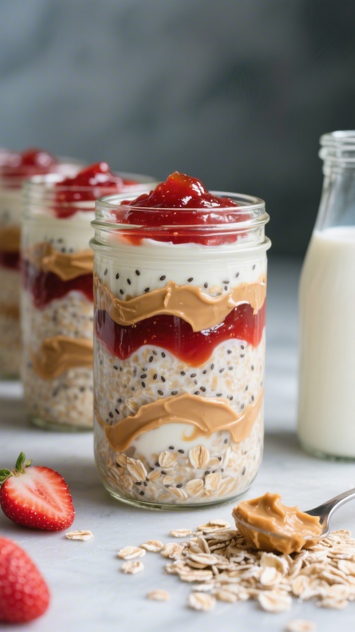 Straight-on jar lineup of peanut butter protein overnight oats layered with strawberry jam: visible rolled oats soaked in milk and plain Greek yogurt, swirls of creamy peanut butter and chia seeds throughout, topped with a glossy stripe of strawberry jam; ingredients styled around—oats in a scoop, a spoonful of peanut butter, a small bottle of milk—cool tones with a pop of red jam.