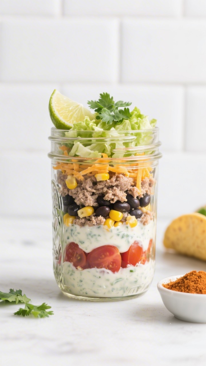 Straight-on, layered ingredient jar shot for Crunchy Taco Salad Jars: clear mason jars filled bottom to top with creamy lime ranch, seasoned cooked ground turkey, sweet corn kernels, black beans, cherry tomato halves, shredded cheddar, and crisp chopped romaine on top to stay fresh; a lime wedge and tiny cilantro sprigs nearby, taco seasoning in a pinch bowl; bright, crisp styling on a white tile backdrop to emphasize textures and clean layers.