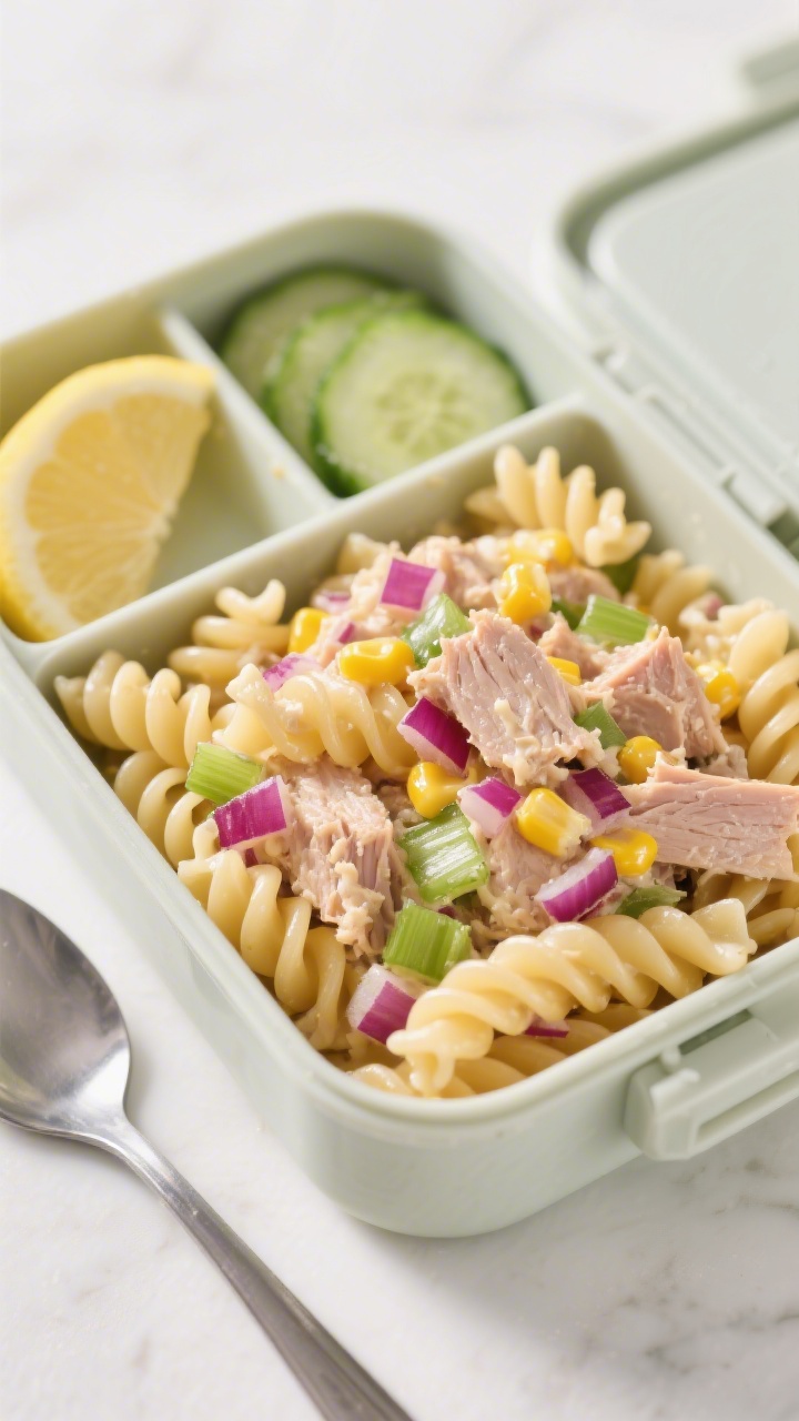Straight-on lunchbox packing scene for Sunshine Tuna Sweetcorn Spirals: rotini pasta combined with well-drained tuna, sweet corn, finely diced celery, and very finely minced red onion, lightly bound with a touch of mayo or olive oil for shine; divided into a bento-style container with lemon wedge and a small compartment of cucumber slices; emphasis on the spiral pasta catching tuna and corn, the purple-red onion flecks, and crisp celery bits; clean daylight, stainless spoon resting beside, no people.