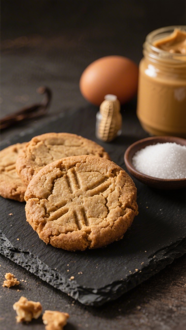 Straight-on macro close-up of 3-ingredient peanut butter cookies with classic crosshatch fork marks, slightly crackled tops and a rich, glossy peanut hue; a small dish of granulated sugar and a jar of creamy peanut butter in the background, with an egg and optional vanilla vial subtly included; minimal rustic set on a dark slate board to contrast the warm tones, directional side light for pronounced texture, no props beyond ingredients.