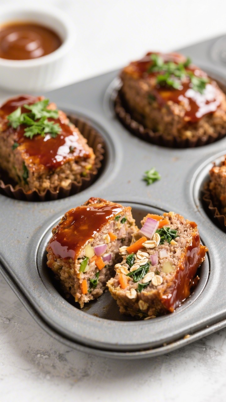 Straight-on mini meatloaf tray shot: individual turkey veggie mini meatloaves in a muffin tin, brushed with a shiny sweet BBQ glaze that’s caramelized at the edges; one meatloaf cut open to reveal moist interior studded with finely minced onion, grated carrot, and chopped spinach, oats bound with egg for a tender crumb; sprinkle of chopped parsley on top, small bowl of extra glaze in frame; clean, family-friendly styling with crisp highlights.