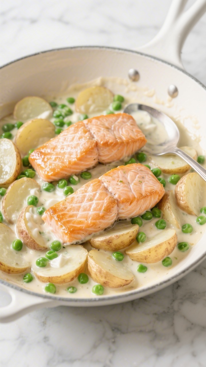 Straight-on one-pan scene of creamy salmon, peas, and potatoes just off the stove: two small skinless salmon fillets nestled among thinly sliced baby potatoes and sweet green peas in a light, velvety sauce made from low-sodium broth and plain Greek yogurt; potatoes slightly golden at the edges, sauce glossy and clinging, salmon flaky; cooked in a white enamel skillet on a marble surface with a subtle spoon trail through the sauce to show creaminess, soft natural daylight.