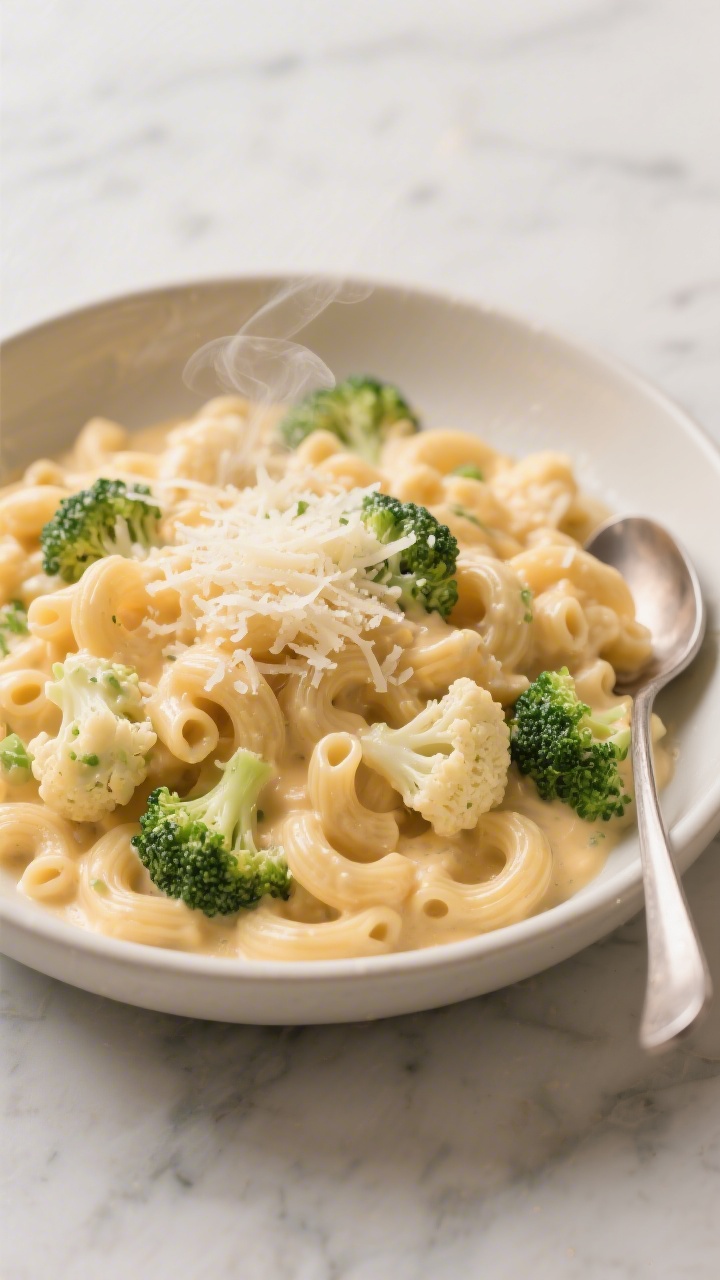 Straight-on plated bowl of creamy broccoli mac ’n’ cheese with hidden cauliflower: tender elbow macaroni enveloped in a smooth, butter-flour-milk cheese sauce, with small broccoli florets and finely blended/soft cauliflower integrated for extra creaminess. Capture velvety sauce clinging to noodles, a light sprinkle of shredded cheese on top, steam just visible. Place on a light marble surface with a spoon resting beside the bowl; warm neutral tones, ultra-comforting texture focus.