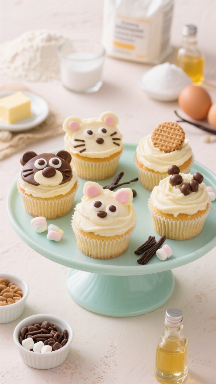 Straight-on plated display of Build-Your-Own Animal Faces vanilla cupcakes: fluffy vanilla cupcakes frosted smooth and decorated into various animal faces using candy—chocolate chips for eyes, candy-coated chocolates, licorice strings, mini marshmallows, and wafer cookies; arranged on a pastel cake stand with small ramekins of decorations in the foreground; background shows basic vanilla ingredients like all-purpose flour, baking powder/soda, salt, softened butter, granulated sugar, eggs, and vanilla extract as subtle cues; crisp, cheerful lighting to emphasize clean details and kid-friendly charm.