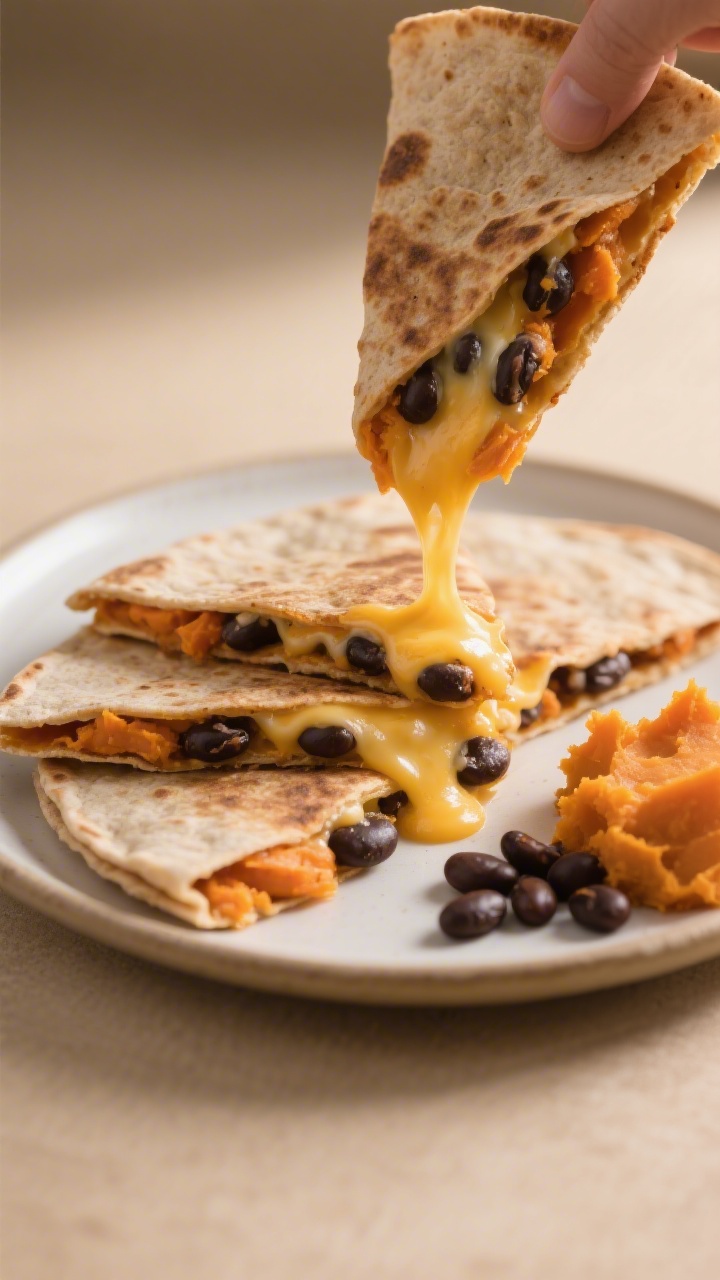 Straight-on plated presentation of a cheesy bean breakfast quesadilla cut into triangles: whole-wheat tortilla with a thin layer of mashed sweet potato, lightly mashed black beans, and melted Monterey Jack oozing at the seams; edges crisp, interior gooey; served on a small kid plate with a side dollop of mashed sweet potato and a scatter of black beans; warm neutral background, soft directional light, focus on the melty cheese pull.