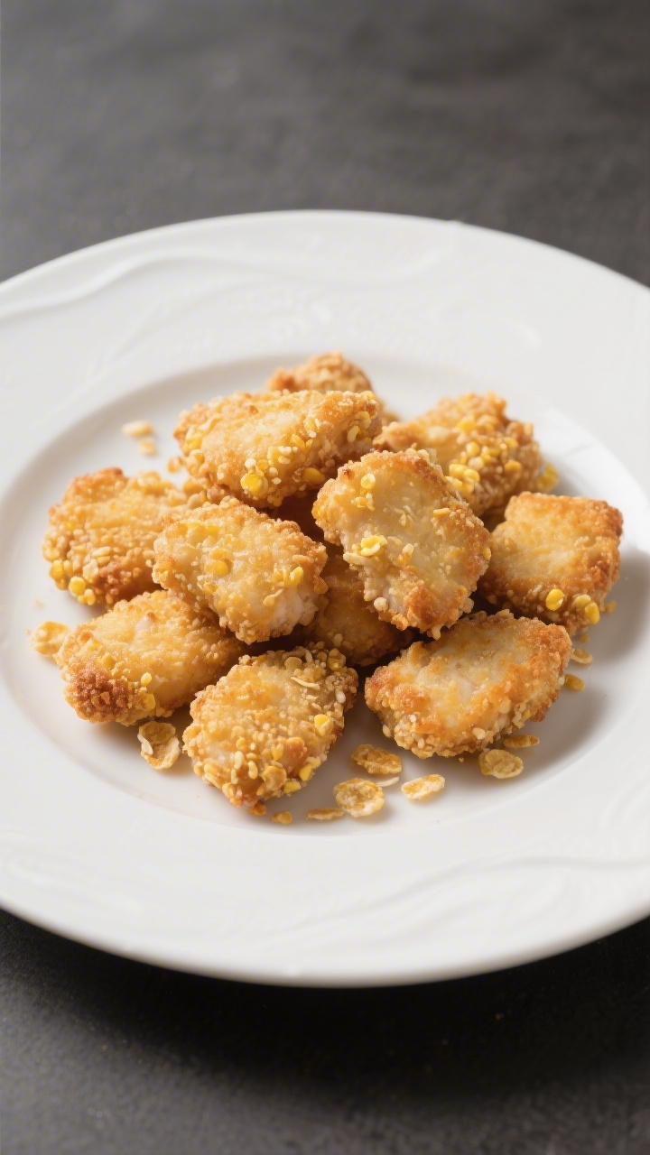 Straight-on plated presentation of baked chicken nuggets with crunchy cornflake crust: uniformly cut