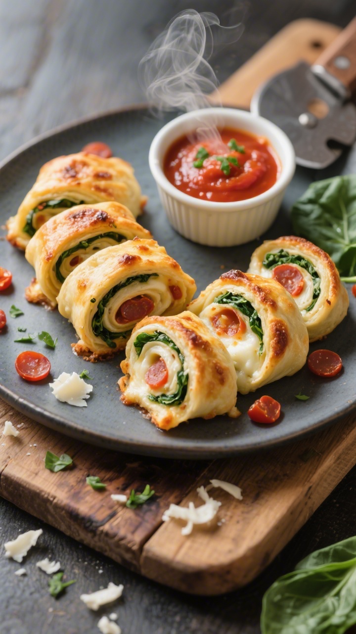 Straight-on plated presentation of baked pizza roll-ups: golden spiral pinwheels revealing ribbons of melted mozzarella, bits of mini pepperoni, and flecks of finely chopped spinach tucked inside, edges crisp and blistered. A small ramekin of veggie-boosted marinara for dipping with visible tomato texture and green specks, steam gently rising. Set on a rustic board with a pizza cutter, a few scattered mozzarella shreds and spinach confetti for context.