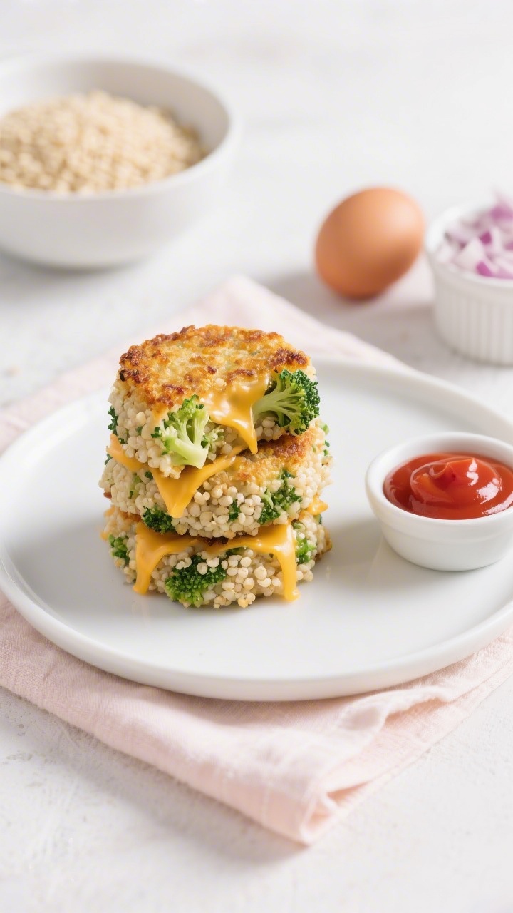 Straight-on plated presentation of cheesy broccoli quinoa bites: bite-sized, golden-edged quinoa patties stacked on a small white plate, cross-section showing fluffy quinoa, very finely chopped steamed broccoli, and melted mild cheddar threads; a tiny dish of ketchup on the side; background props include a bowl of cooled cooked quinoa, a ramekin with minced onion, and two eggs; bright, clean styling with pastel napkin, professional studio lighting.