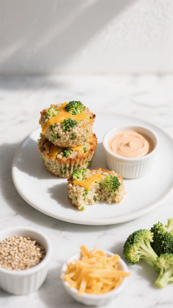 Straight-on plated presentation of cheesy broccoli quinoa bites you can eat with fingers: crisp-edged, muffin-tin-style bites stacked on a child-size white plate, interiors showing fluffy quinoa, finely chopped lightly steamed broccoli florets, and melted mild cheddar. A small side of mild marinara or yogurt dip in a ramekin for scale. In the foreground, a few raw ingredients styled: a cup of uncooked quinoa, a small bowl of shredded cheddar, and chopped broccoli. Clean, bright daylight with soft shadows, inviting finger-food mood.