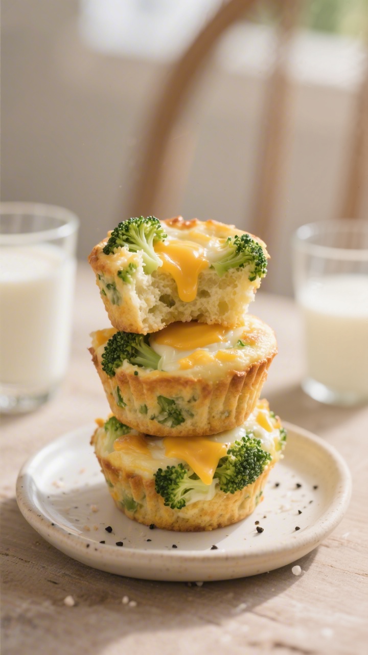 Straight-on plated presentation of cheesy broccoli egg muffins stacked on a small toddler plate, custardy centers with pockets of melted cheddar/Monterey Jack and very finely chopped steamed broccoli visible, lightly seasoned with salt and black pepper; one muffin split open to show fluffy interior, a tiny milk glass in background blur, warm morning light.